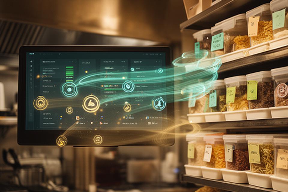 Café kitchen display showing online orders flowing into a database-backed fulfillment dashboard beside a neatly labeled ingredient shelf