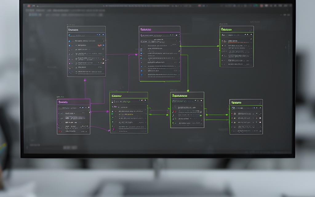 Anonymized relational schema diagram on a desktop screen showing linked tables for tenants, maintenance, and payments