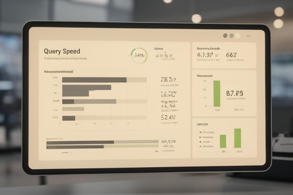 Sleek database dashboard showing query speed, execution time, and optimization metrics in a modern office setting