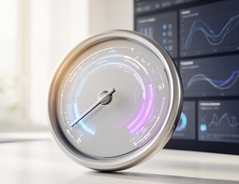 Modern speedometer-style performance gauge beside a database monitoring screen in a bright tech workspace