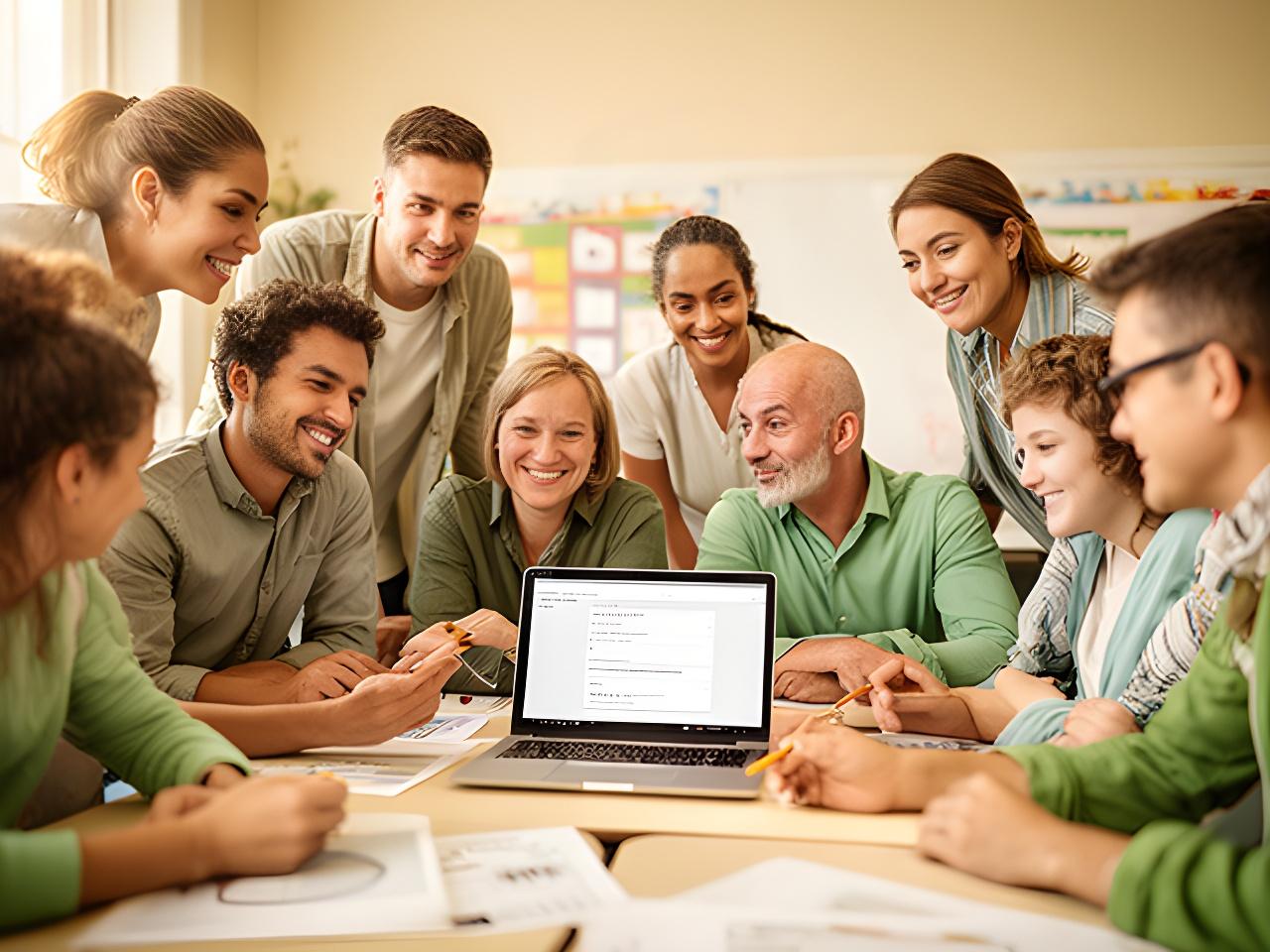 Community volunteers and teachers gathered around a laptop in a bright classroom