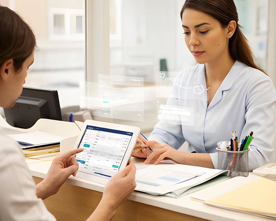Dental practice manager reviewing appointment and billing records on a tablet beside a reception desk