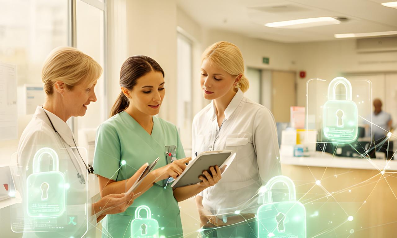 Healthcare staff reviewing a secure patient dashboard in a bright clinic office