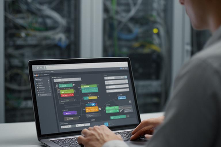 Database consultant configuring HeidiSQL on a laptop beside a server room setup