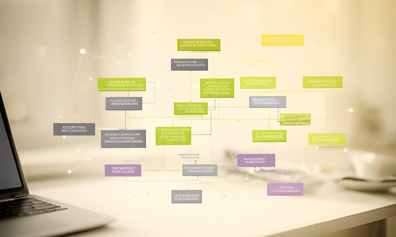 Modern database schema diagram on a clean desk with a laptop in a softly lit workspace