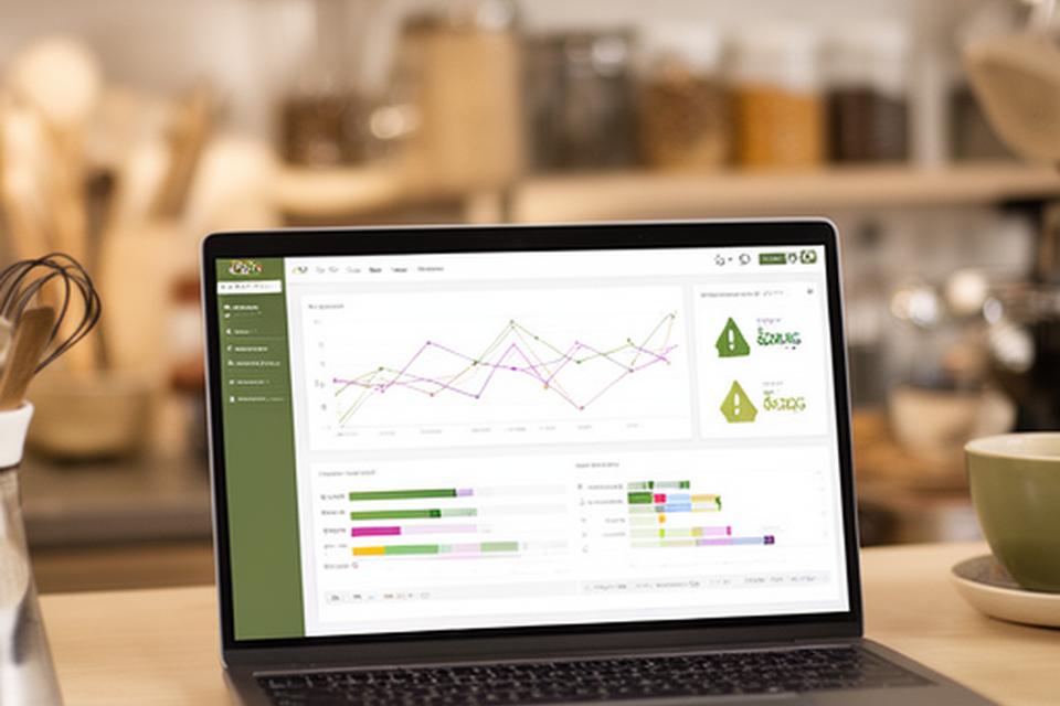 Inventory dashboard on a laptop screen showing stock counts, reorder alerts, and supplier notes beside a café prep counter