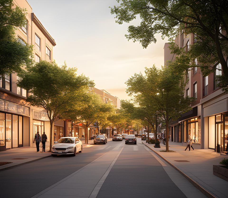 New Rochelle street view near a local office with trees, storefronts, and a warm late afternoon light