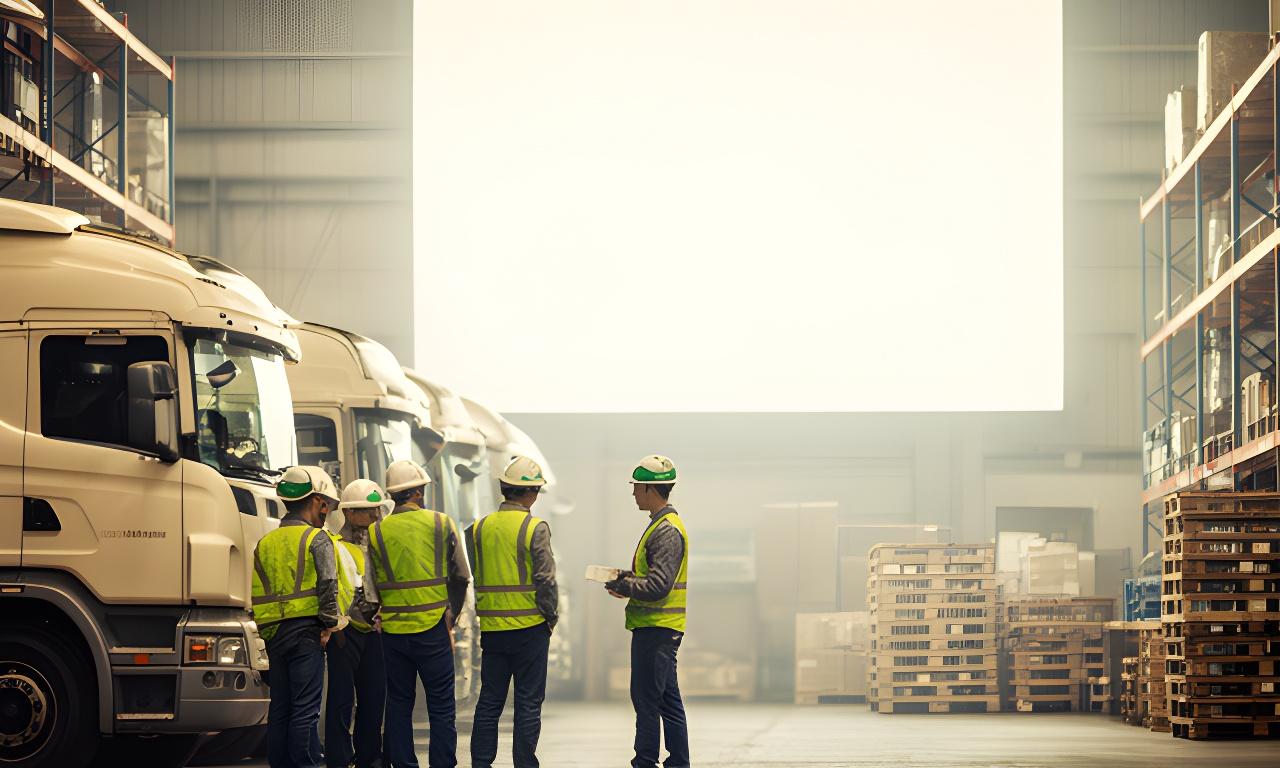 Warehouse and dispatch team reviewing operations data on a large screen beside parked trucks and pallets