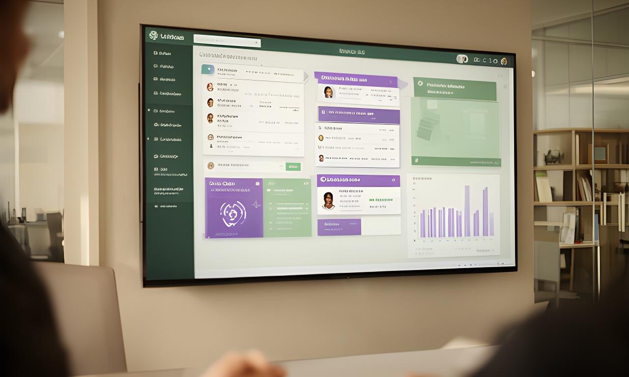 Modern office database dashboard on a large screen with secure client records, case folders, and compliance indicators