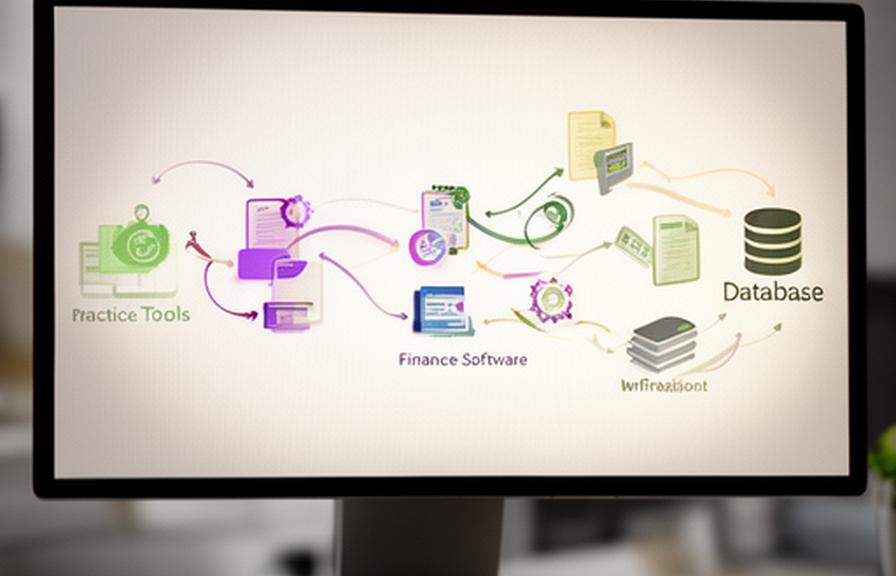 Data flow diagram on a workstation showing client records moving between practice tools, finance software, and a database