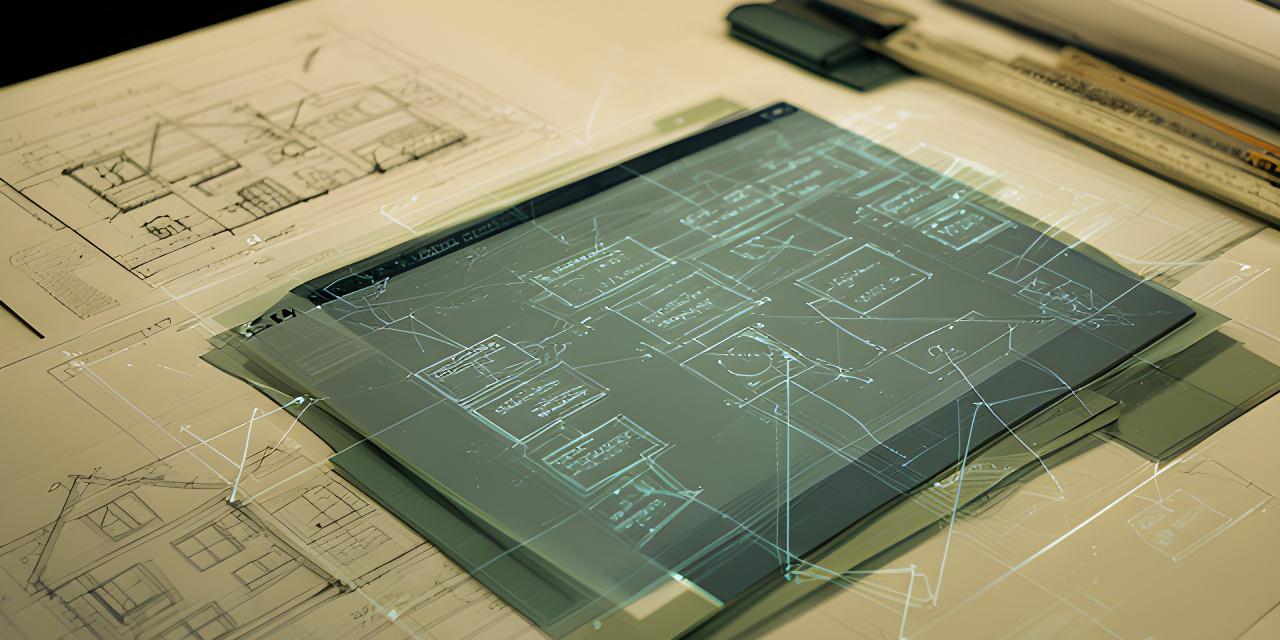 Blueprint-style database planning screen on a desk beside property drawings and construction notes