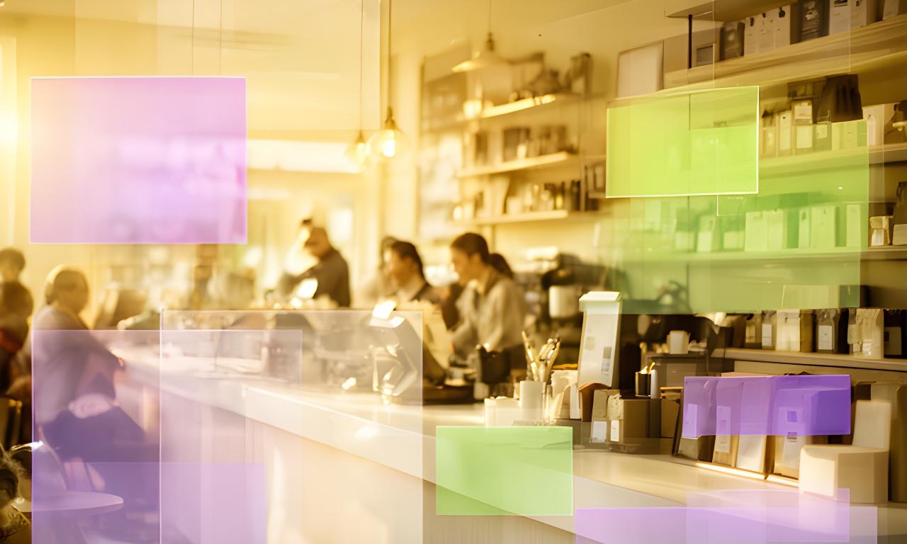 Busy café counter with online order screens and fresh inventory shelves in a warm neighborhood setting