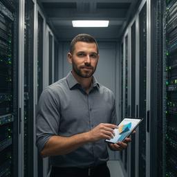 Daniel Ortiz standing in a server room with a confident smile and a tablet in hand
