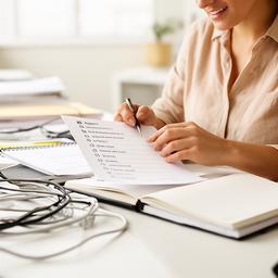 Samira Cole reviewing a support checklist in a bright workspace with notebooks and cables