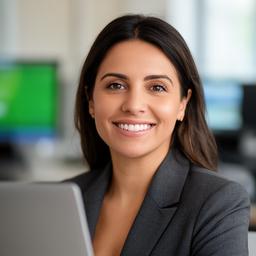 Professional woman smiling in a modern office with a laptop beside her